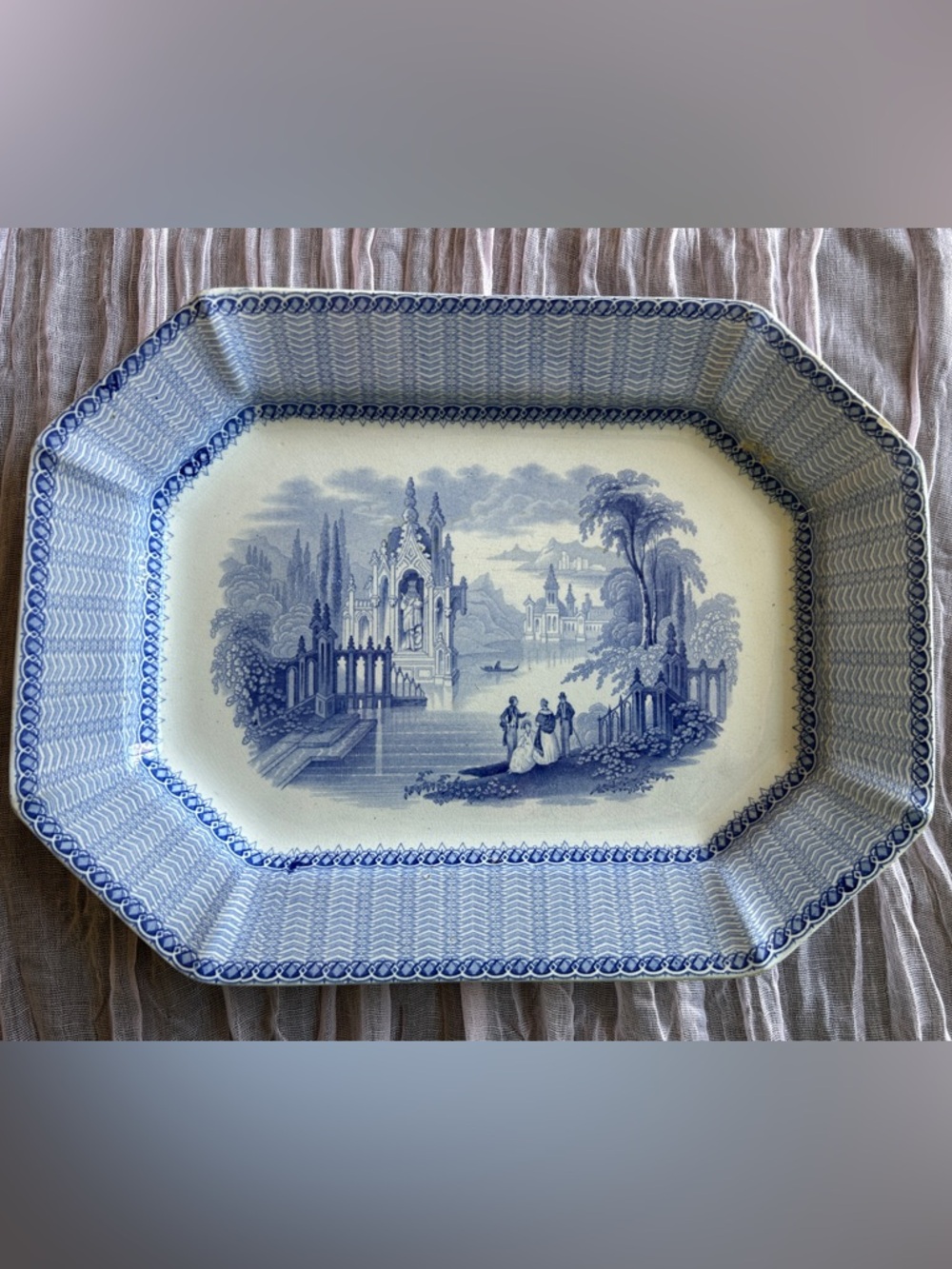 ANTIQUE 1800'S TRANSFERWARE BLUE & WHITE GOTHIC TEMPLE PLATTER STAFFORDSHIRE